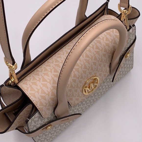 Michael Kors Carmen Medium Color-Block Logo Satchel Crossbody Buff Multi - Picture 12 of 16